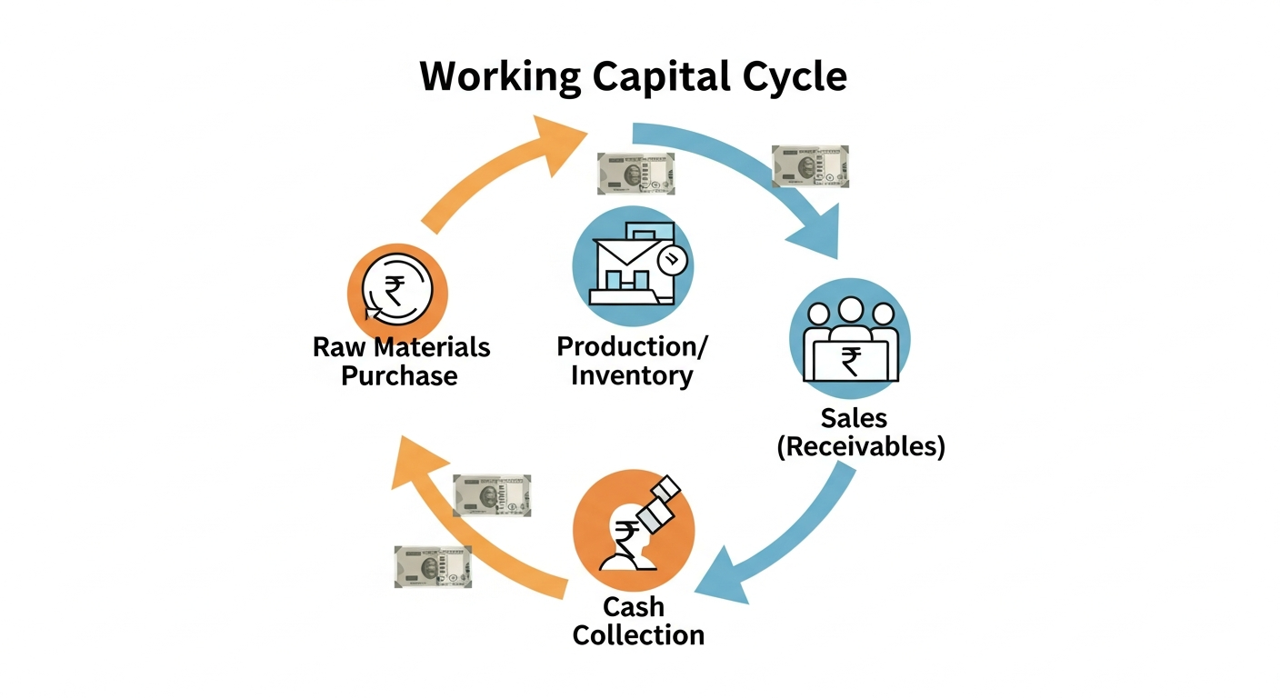 "An infographic showing the working capital cycle with money flowing from raw materials to cash collection in a business in India."