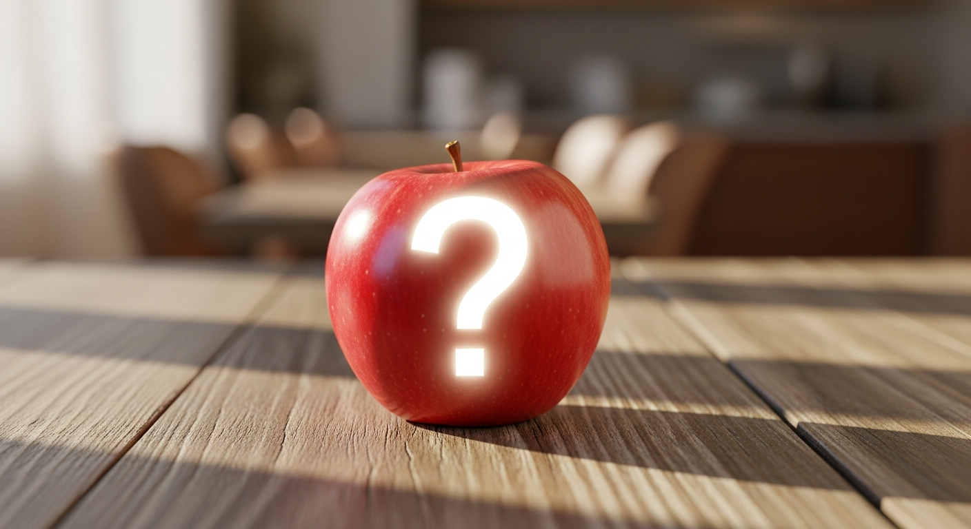 "A red apple with a question mark over it, questioning the myth of whether apples contain vitamin B12."